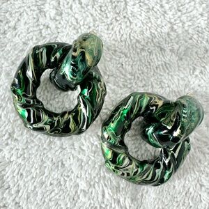 Vintage Handmade Black and Green Swirl Resin Hoop Clip On Earrings